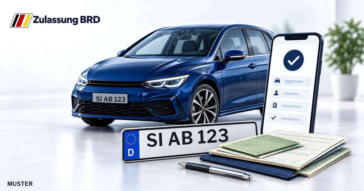 Online Fahrzeugzulassung in Wilnsdorf: Musterkennzeichen SI AB 123, Auto und Fahrzeugpapiere und Smartphone. Illustration mit Logo von Zulassung BRD.